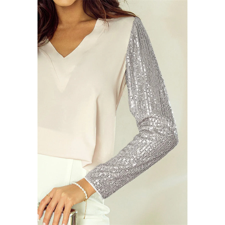 Sequin V-Neck Long Sleeve Blouse Apparel and Accessories