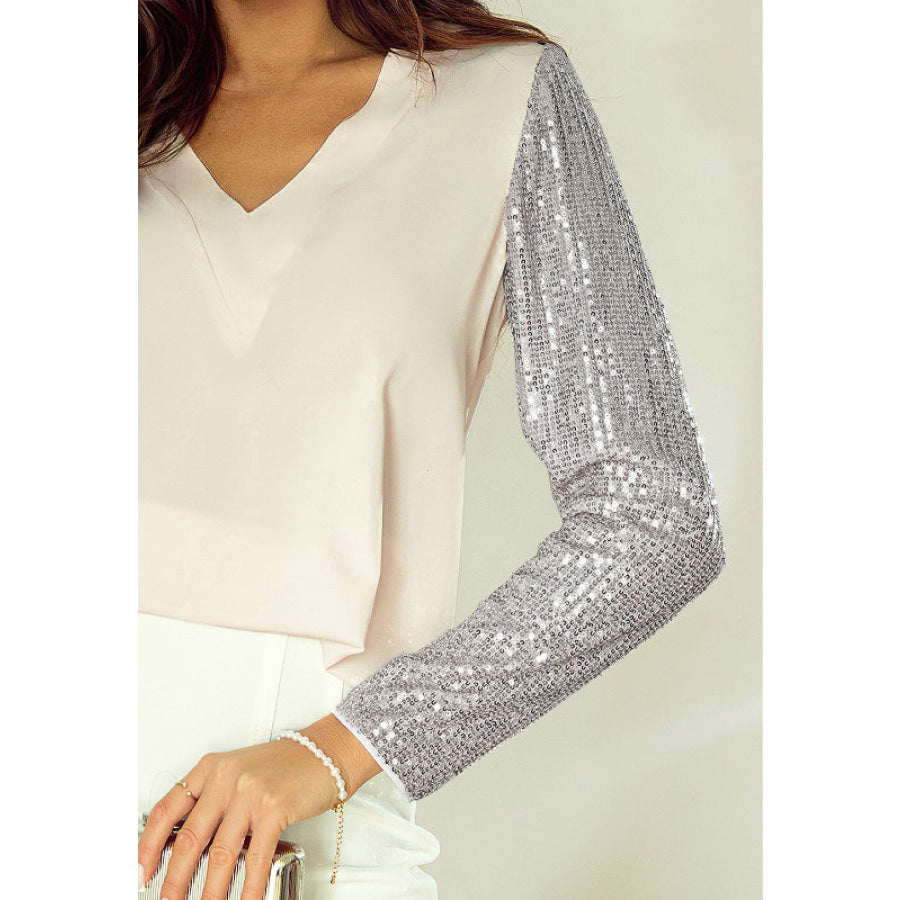 Sequin V-Neck Long Sleeve Blouse Apparel and Accessories