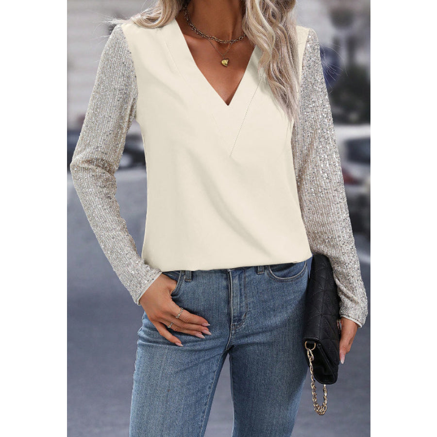 Sequin V-Neck Long Sleeve Blouse Ivory / S Apparel and Accessories