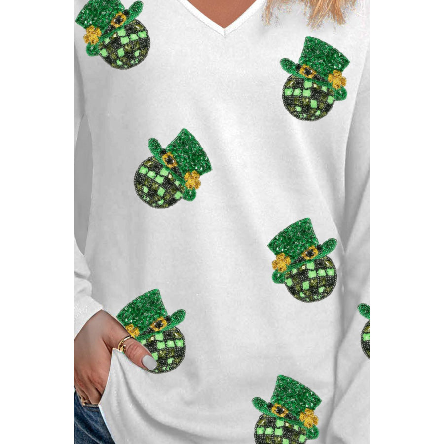 Sequin V-Neck Long Sleeve T-Shirt White / S Apparel and Accessories