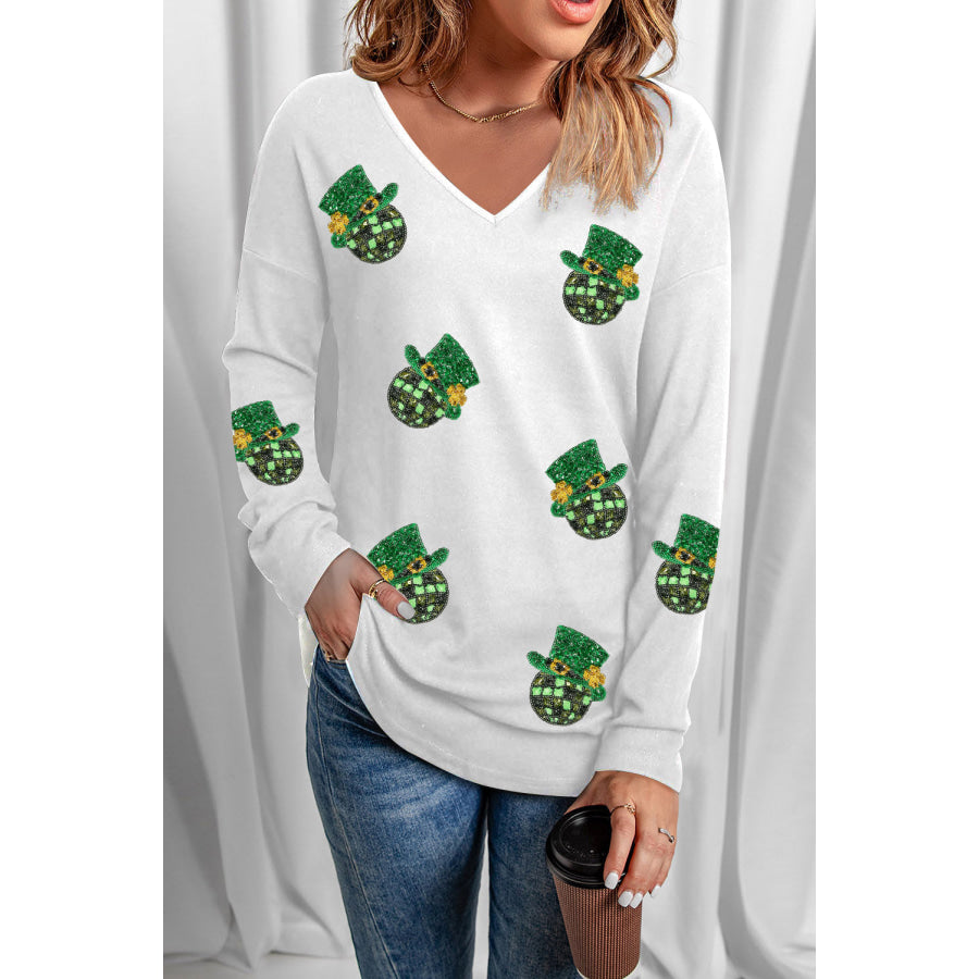 Sequin V-Neck Long Sleeve T-Shirt White / S Apparel and Accessories