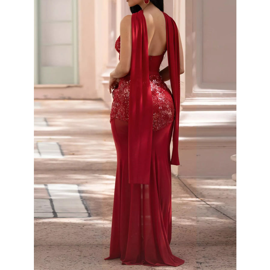 Sequin V-Neck Sheer Mesh Maxi Dress Apparel and Accessories
