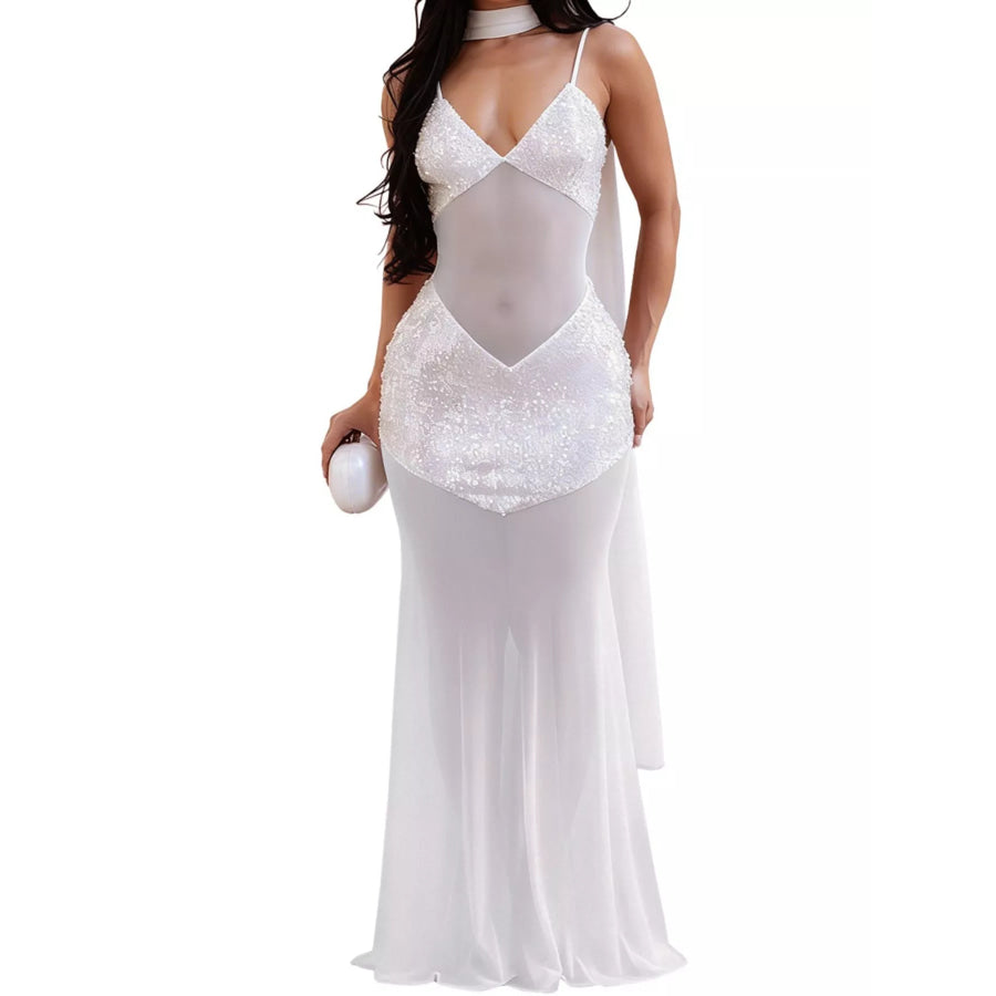 Sequin V-Neck Sheer Mesh Maxi Dress Apparel and Accessories
