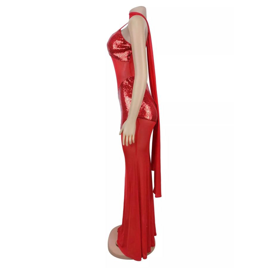 Sequin V-Neck Sheer Mesh Maxi Dress Apparel and Accessories