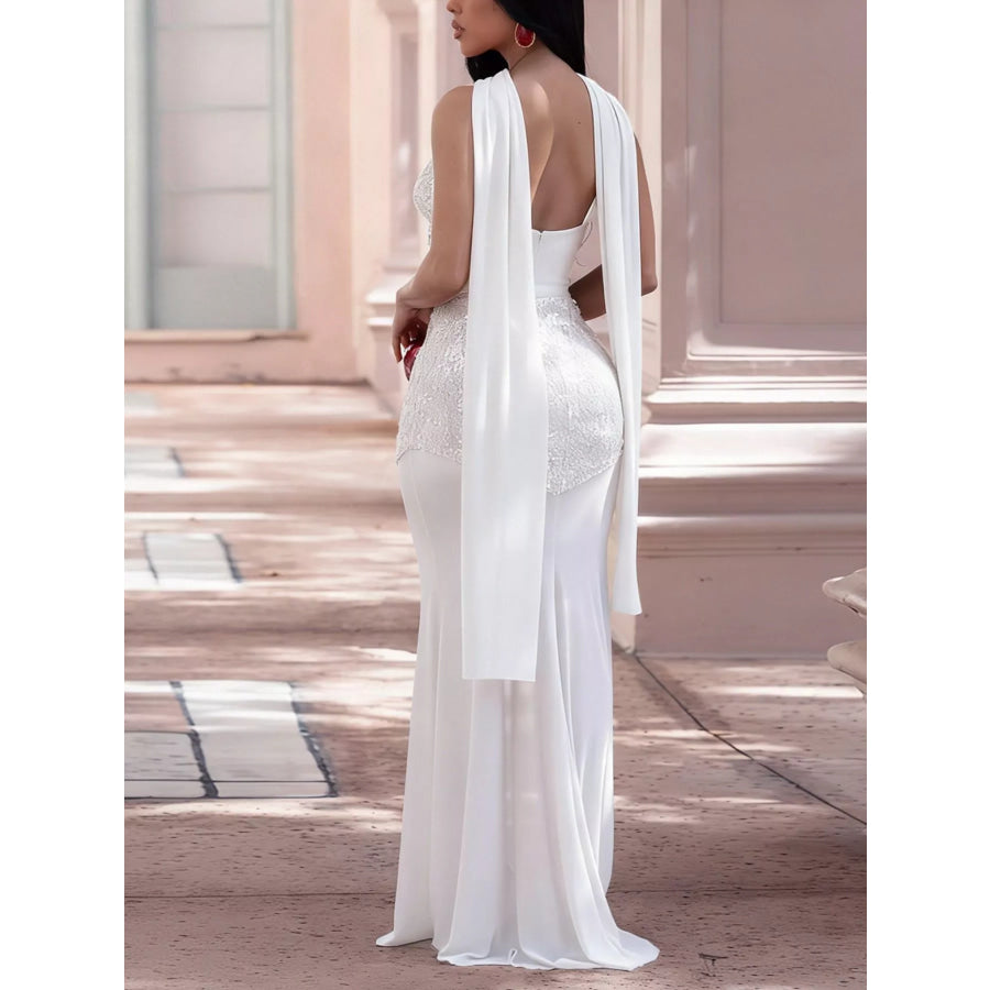 Sequin V-Neck Sheer Mesh Maxi Dress Apparel and Accessories