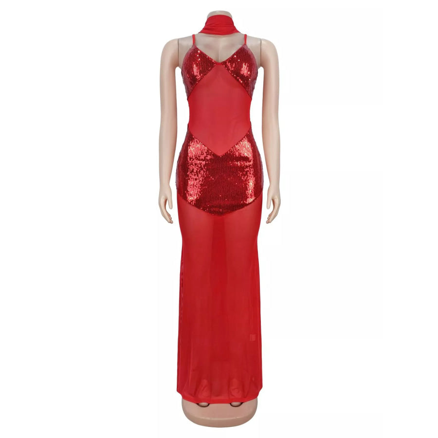 Sequin V-Neck Sheer Mesh Maxi Dress Apparel and Accessories
