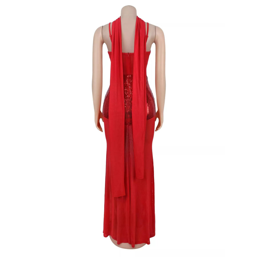 Sequin V-Neck Sheer Mesh Maxi Dress Apparel and Accessories