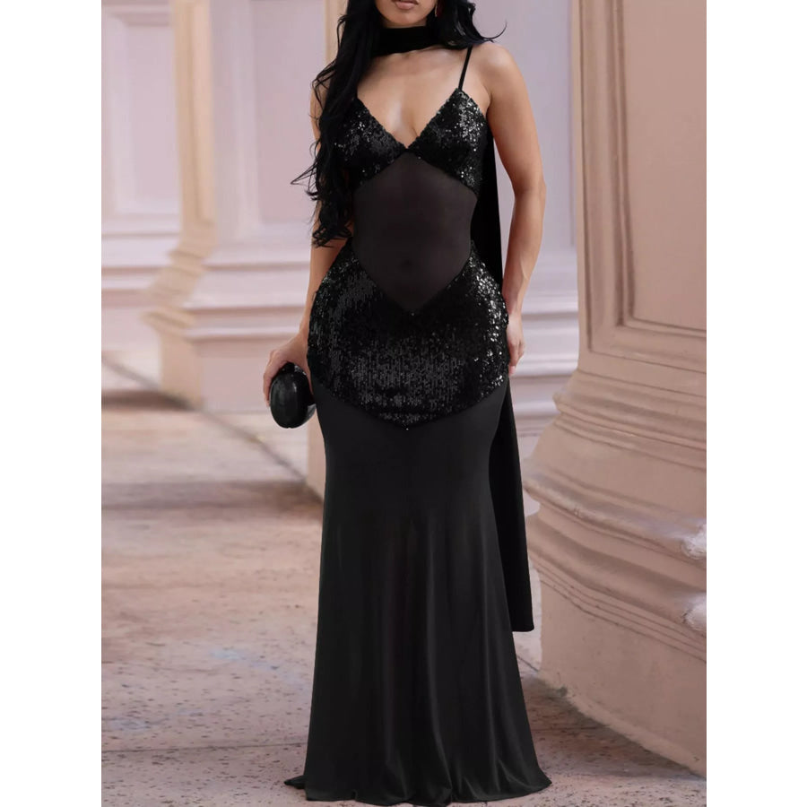 Sequin V-Neck Sheer Mesh Maxi Dress Black / S Apparel and Accessories