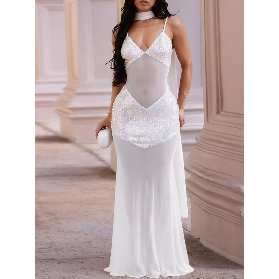 Sequin V-Neck Sheer Mesh Maxi Dress White / S Apparel and Accessories