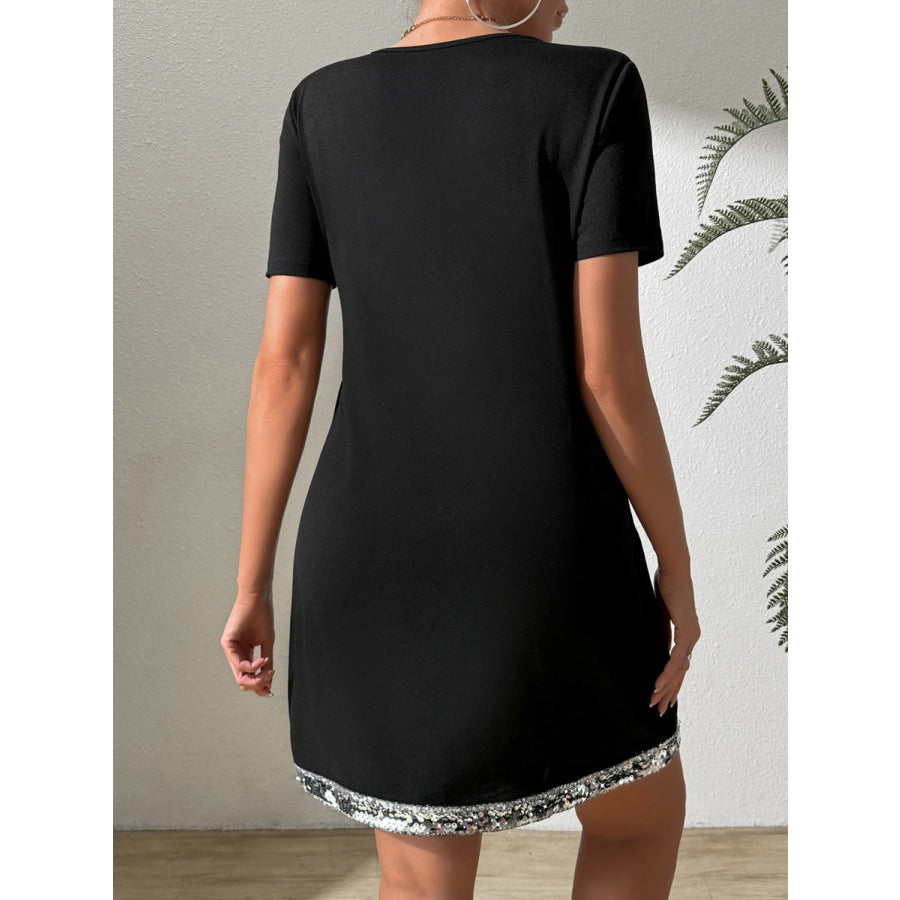 Sequin V-Neck Short Sleeve Mini Dress Black / S Apparel and Accessories