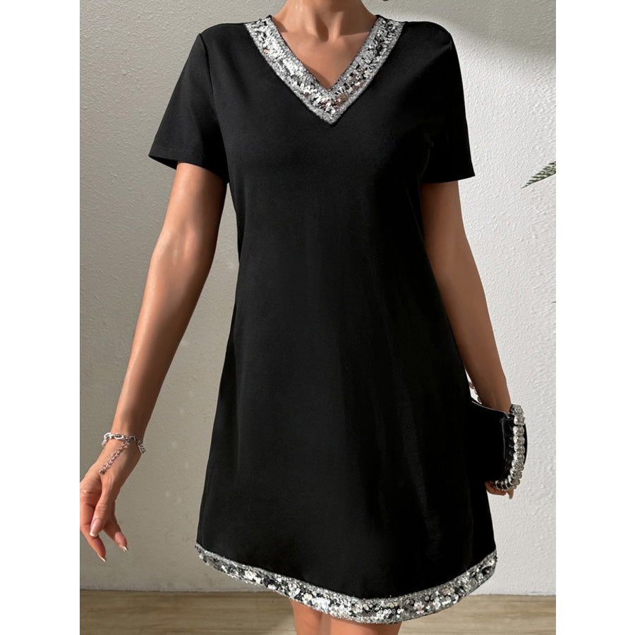 Sequin V-Neck Short Sleeve Mini Dress Apparel and Accessories