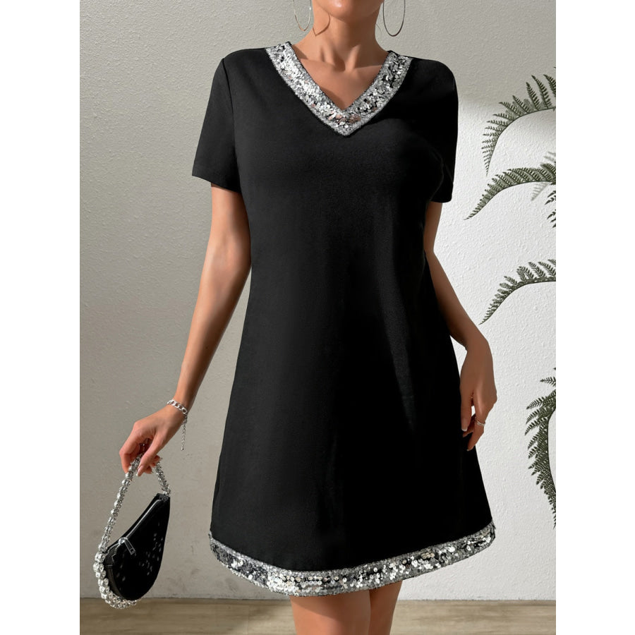 Sequin V-Neck Short Sleeve Mini Dress Apparel and Accessories