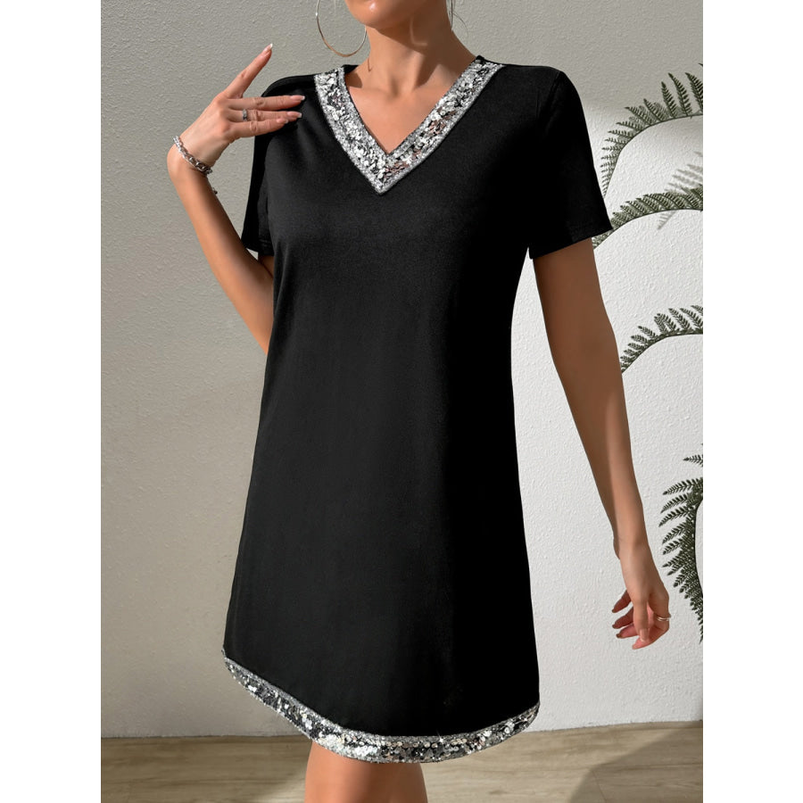 Sequin V-Neck Short Sleeve Mini Dress Apparel and Accessories