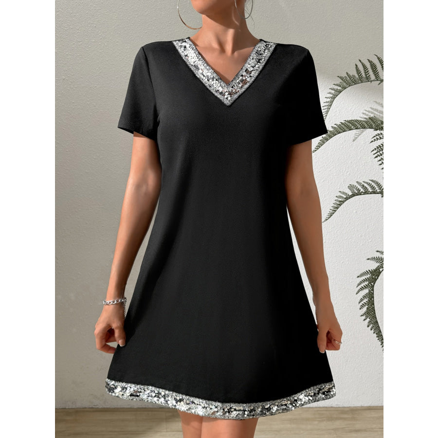 Sequin V-Neck Short Sleeve Mini Dress Black / S Apparel and Accessories