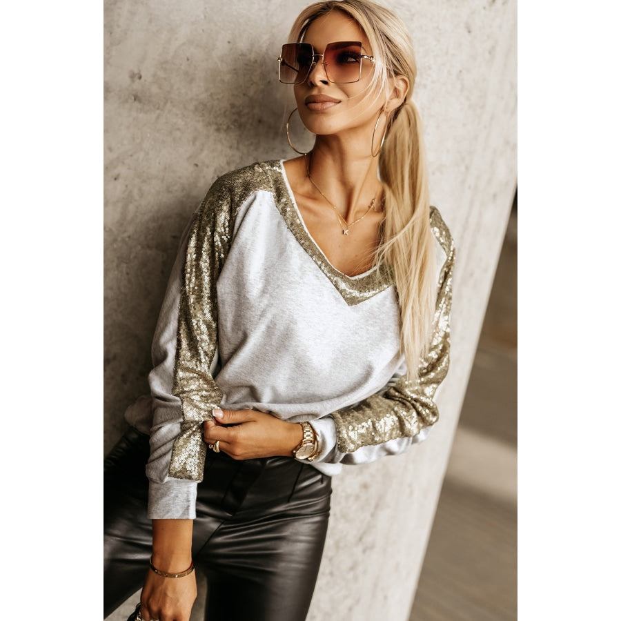 Sequin V-Neck Sweatshirt White / S