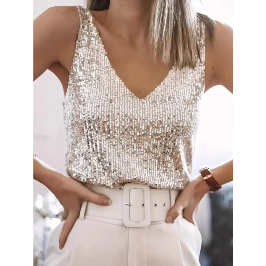 Sequin V-Neck Tank Top Apricot / S Apparel and Accessories
