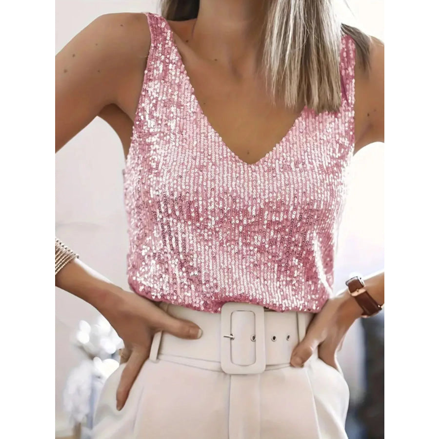 Sequin V-Neck Tank Top Pink / S Apparel and Accessories