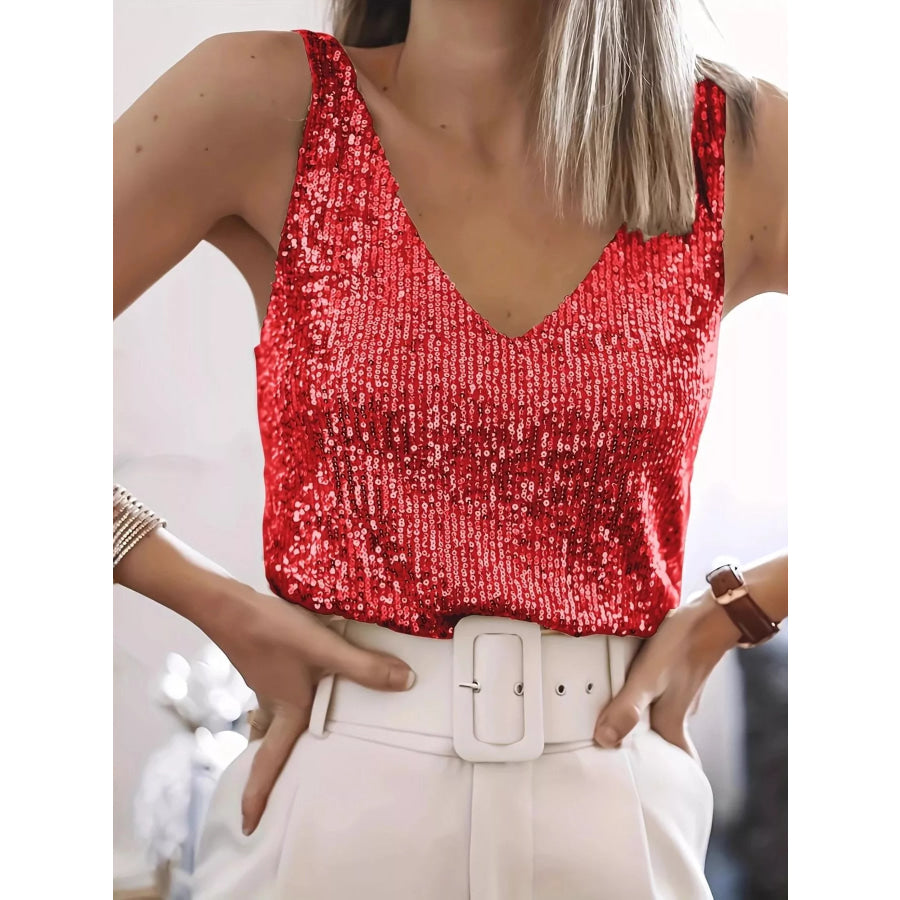 Sequin V-Neck Tank Top Red / S Apparel and Accessories