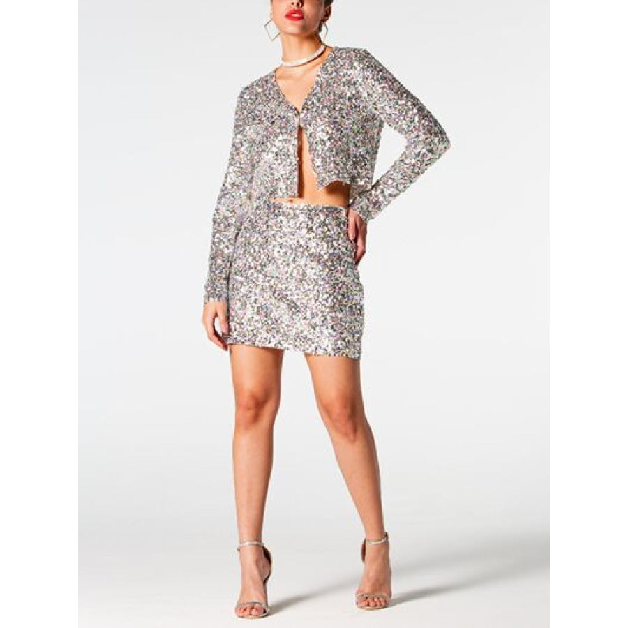 Sequin V-Neck Top and Mini Skirt Set Clothing
