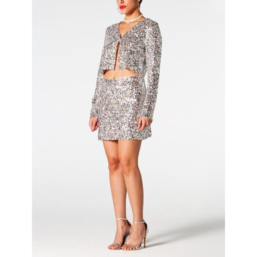 Sequin V-Neck Top and Mini Skirt Set Clothing