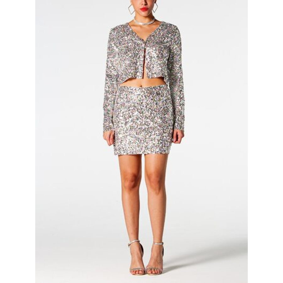 Sequin V-Neck Top and Mini Skirt Set Silver / S Clothing