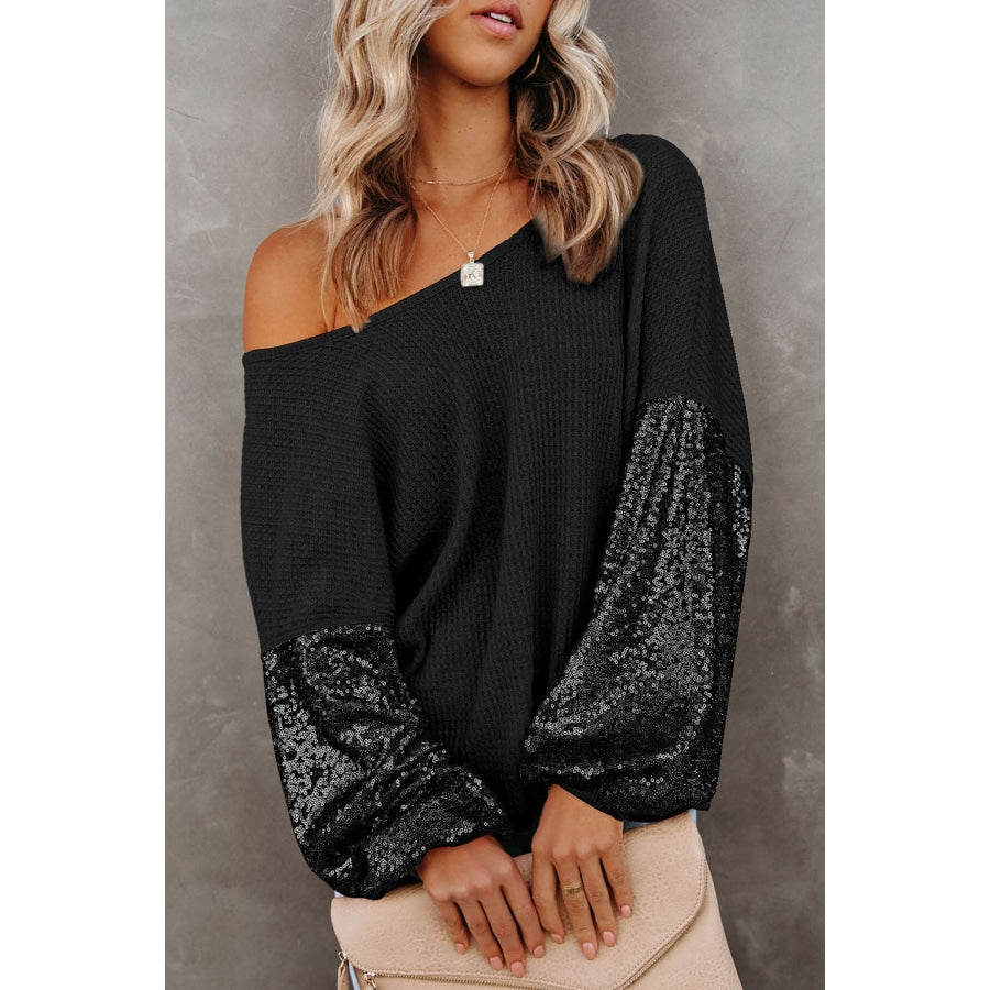 Sequin Waffle-Knit Blouse Black / S