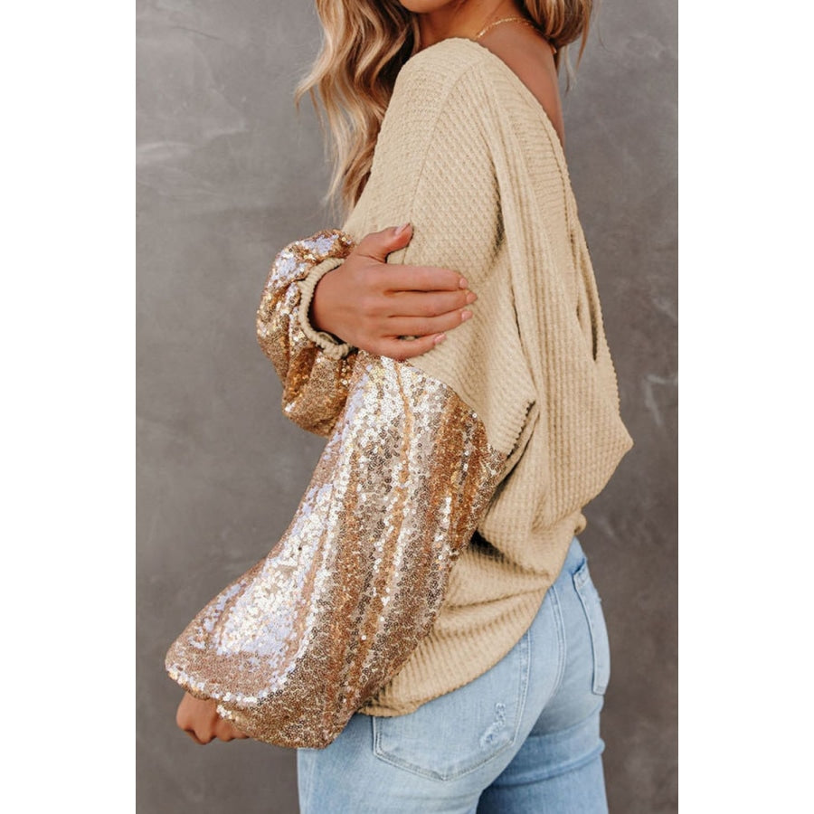 Sequin Waffle-Knit Blouse