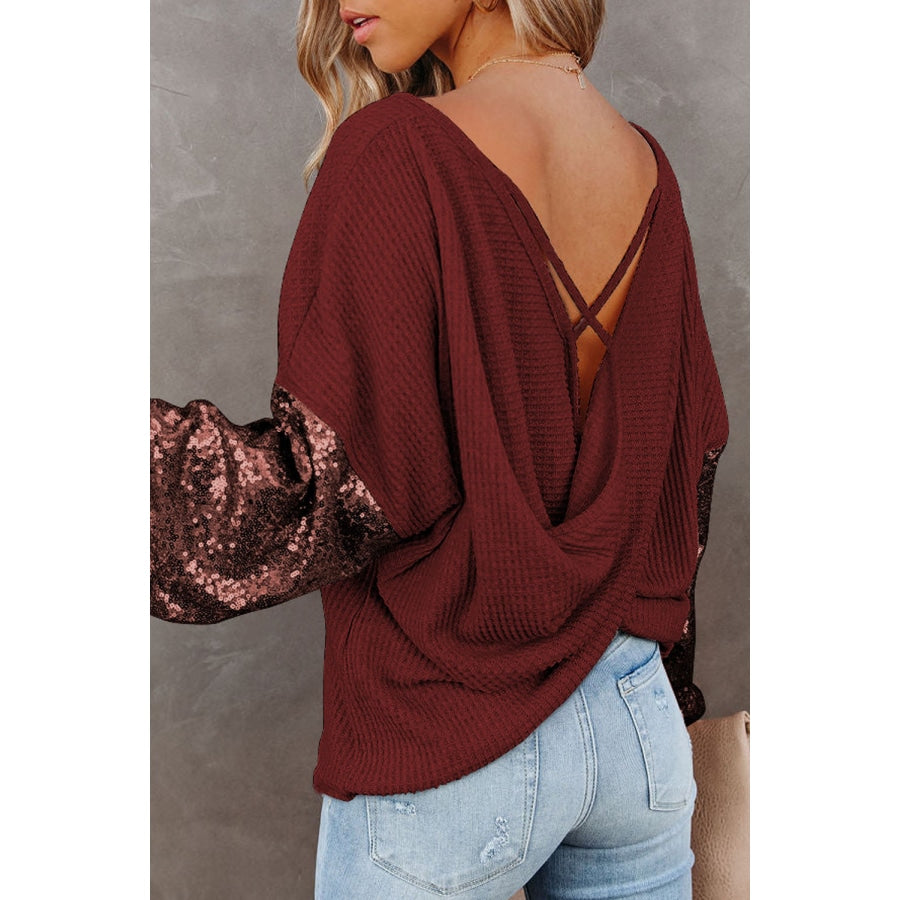 Sequin Waffle-Knit Blouse