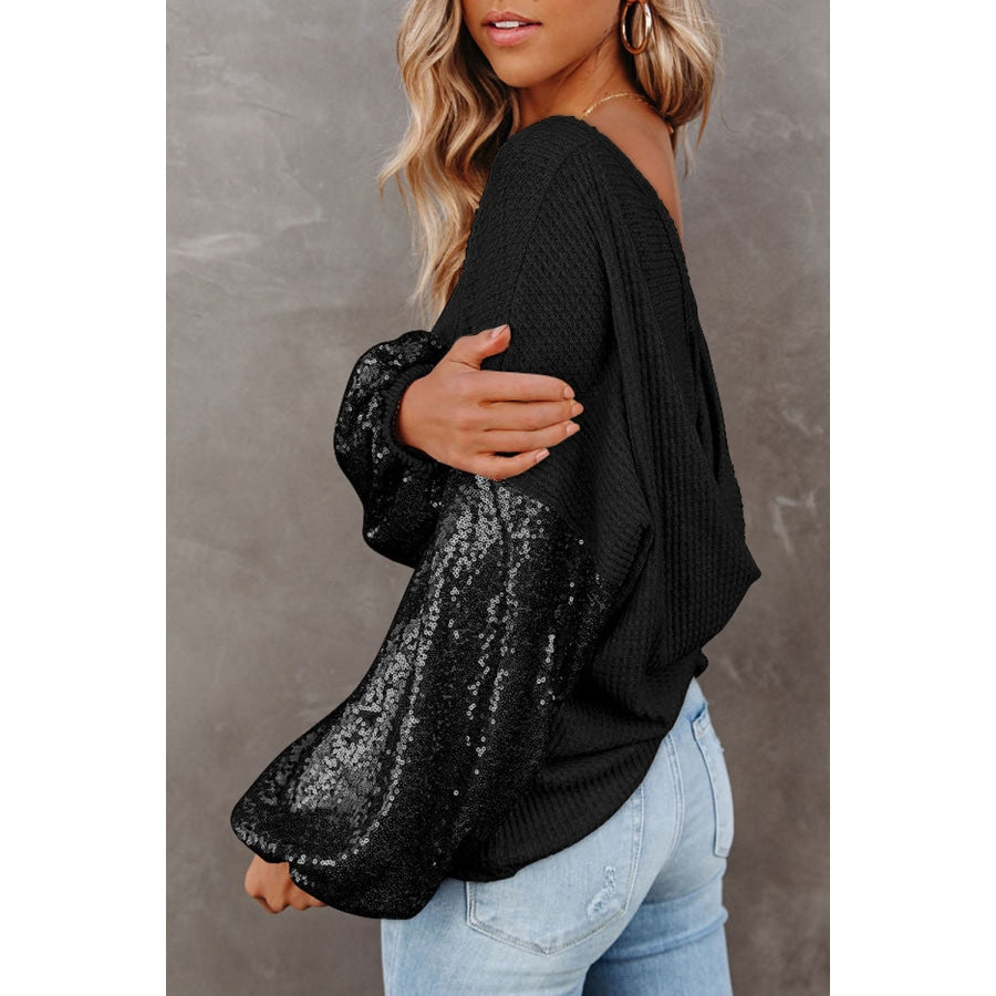 Sequin Waffle-Knit Blouse