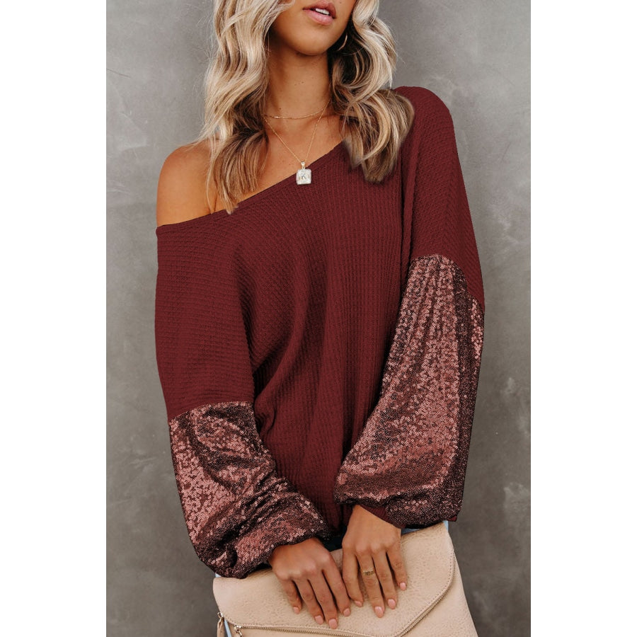 Sequin Waffle-Knit Blouse Wine / S