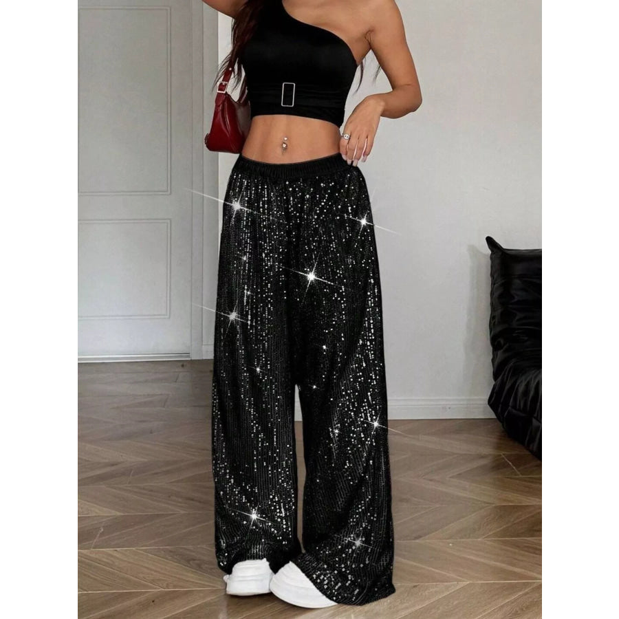 Sequin Wide Leg Pants Black / S Apparel and Accessories