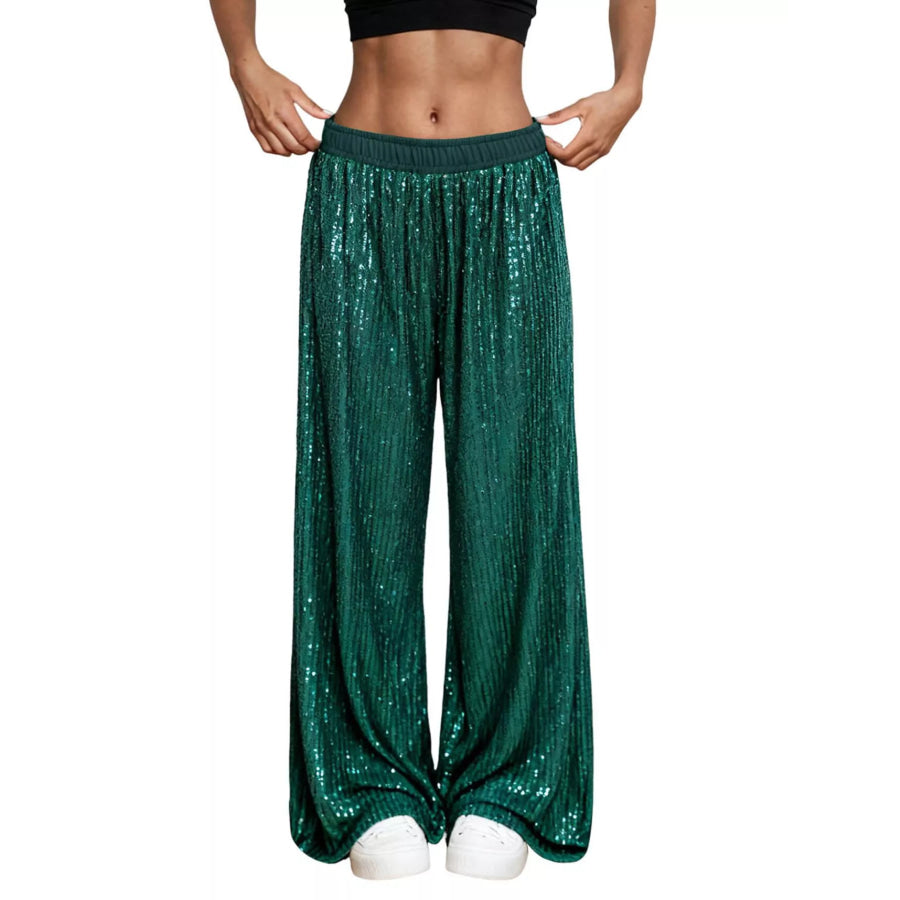 Sequin Wide-Leg Pants Dark Green / S Apparel and Accessories