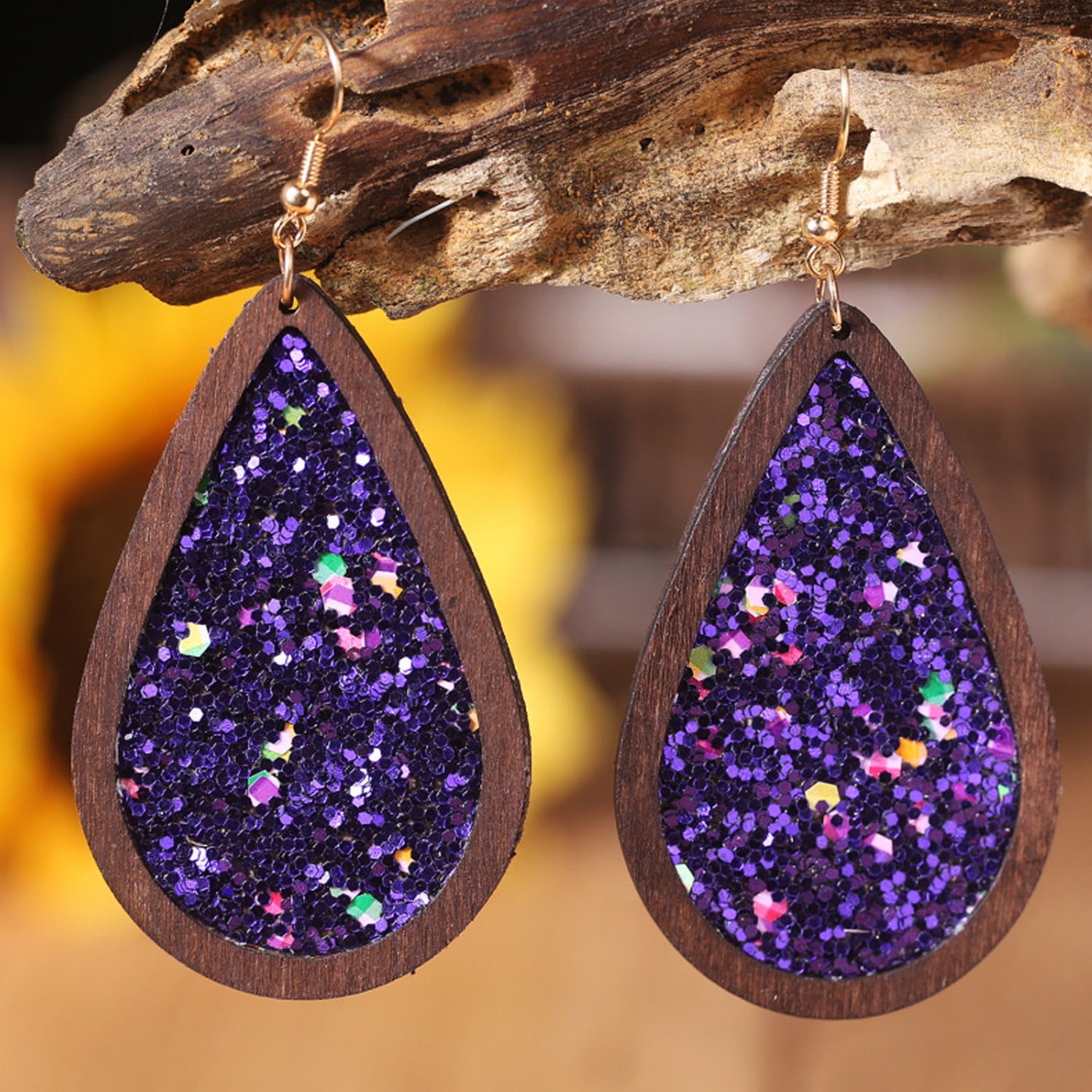 Sequin Wood Teardrop Earrings Violet / One Size Apparel and Accessories