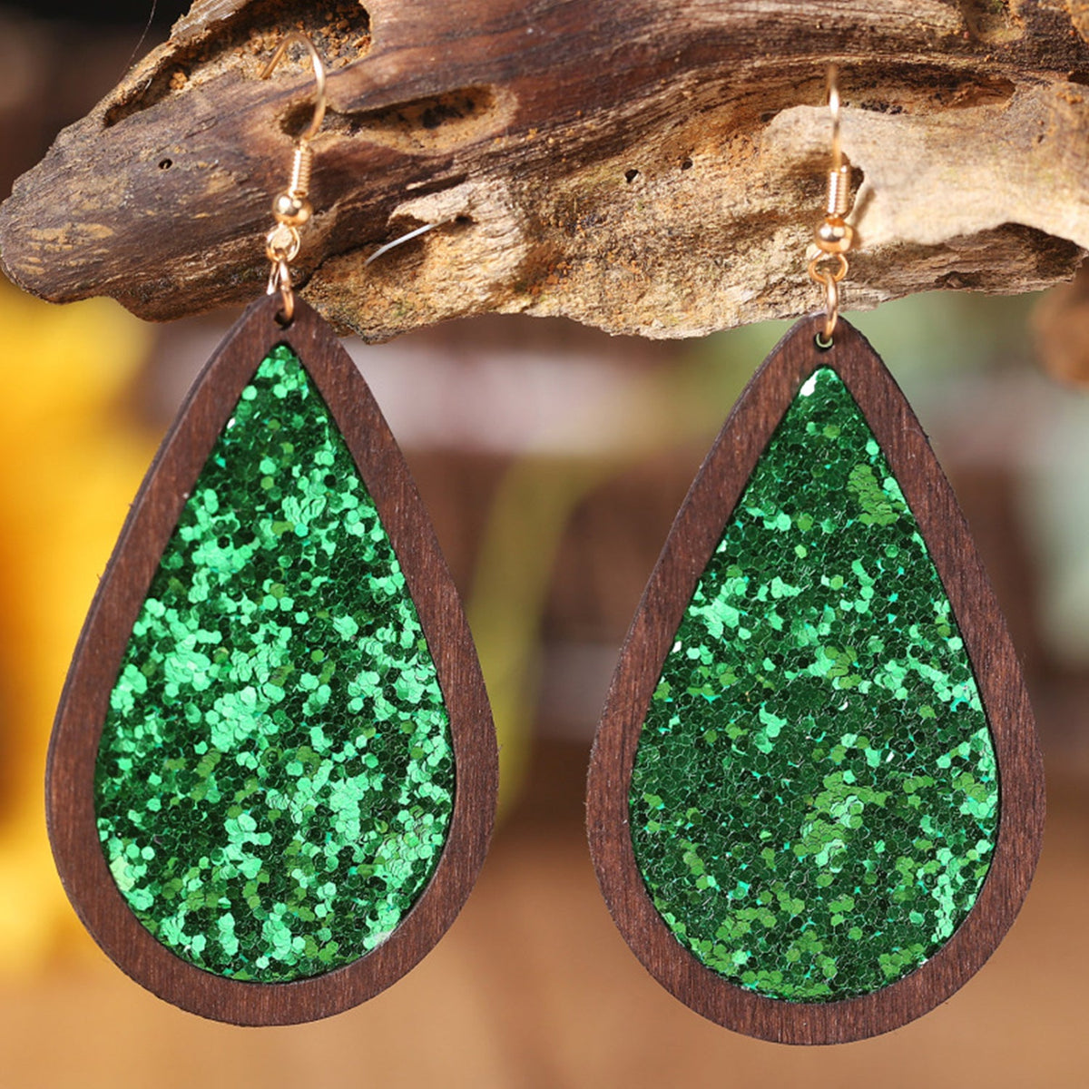 Sequin Wood Teardrop Earrings Mid Green / One Size Apparel and Accessories