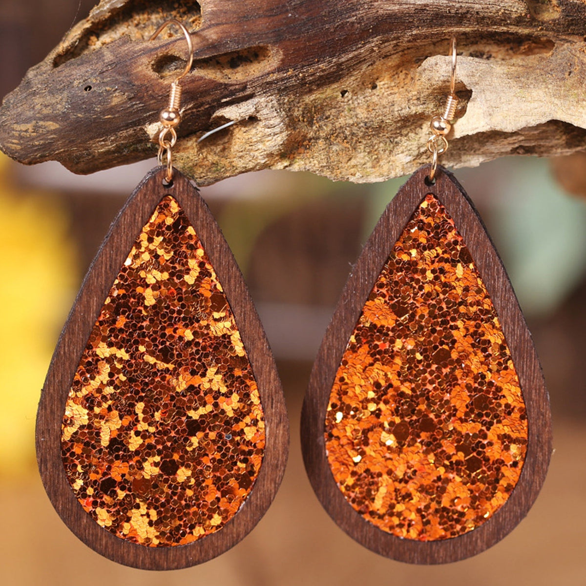 Sequin Wood Teardrop Earrings Terracotta / One Size Apparel and Accessories