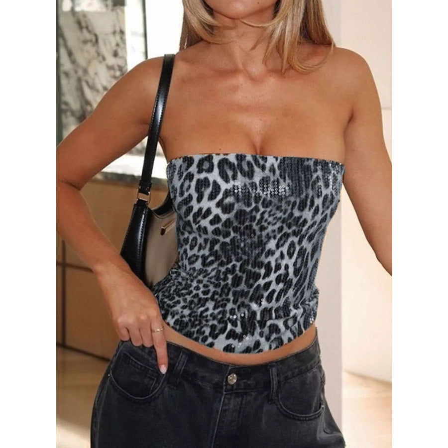 Sequin Zip Back Tube Top Gray-Leopard Print / S Apparel and Accessories