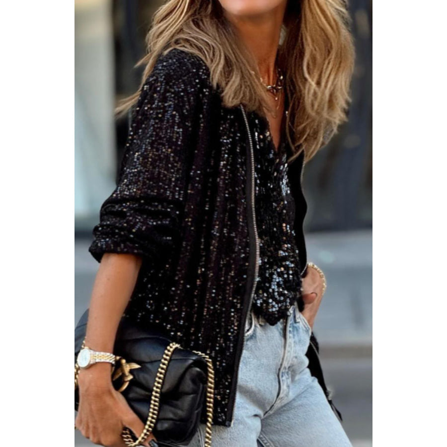 Sequin Zip Up Long Sleeve Jacket Apparel and Accessories