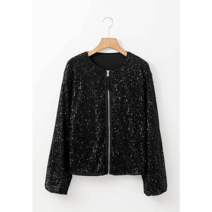 Sequin Zip Up Long Sleeve Jacket Apparel and Accessories