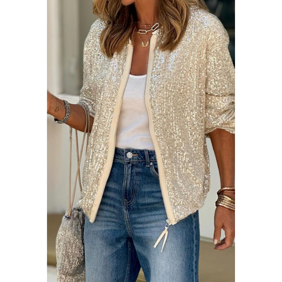 Sequin Zip Up Long Sleeve Jacket Apparel and Accessories