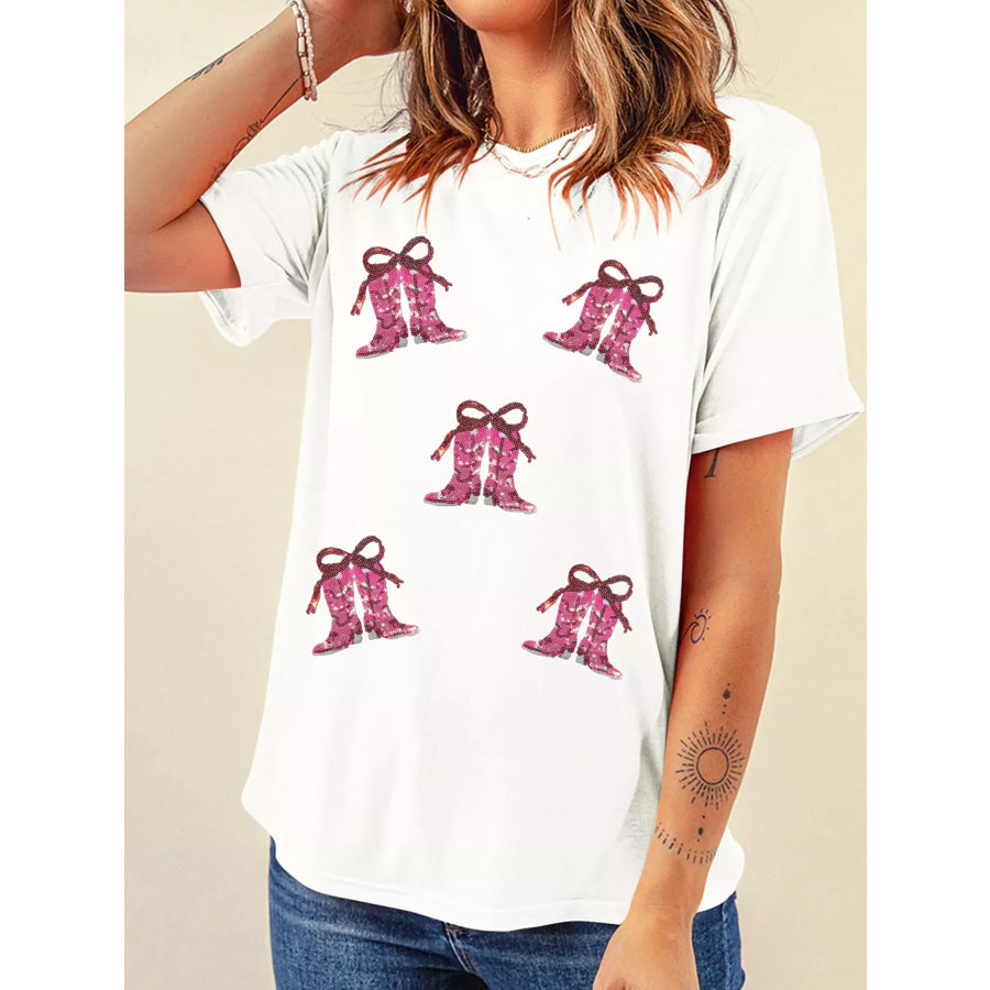 Sequined Cowgirl Boots Patched Custom Print T Shirt Apparel and Accessories
