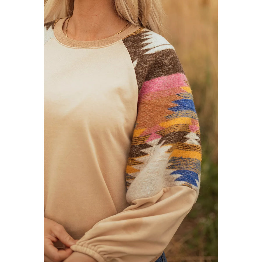 Sequined Rodeo Graphic Aztec Bubble Sleeve Patchwork Western Sweatshirt Apparel and Accessories