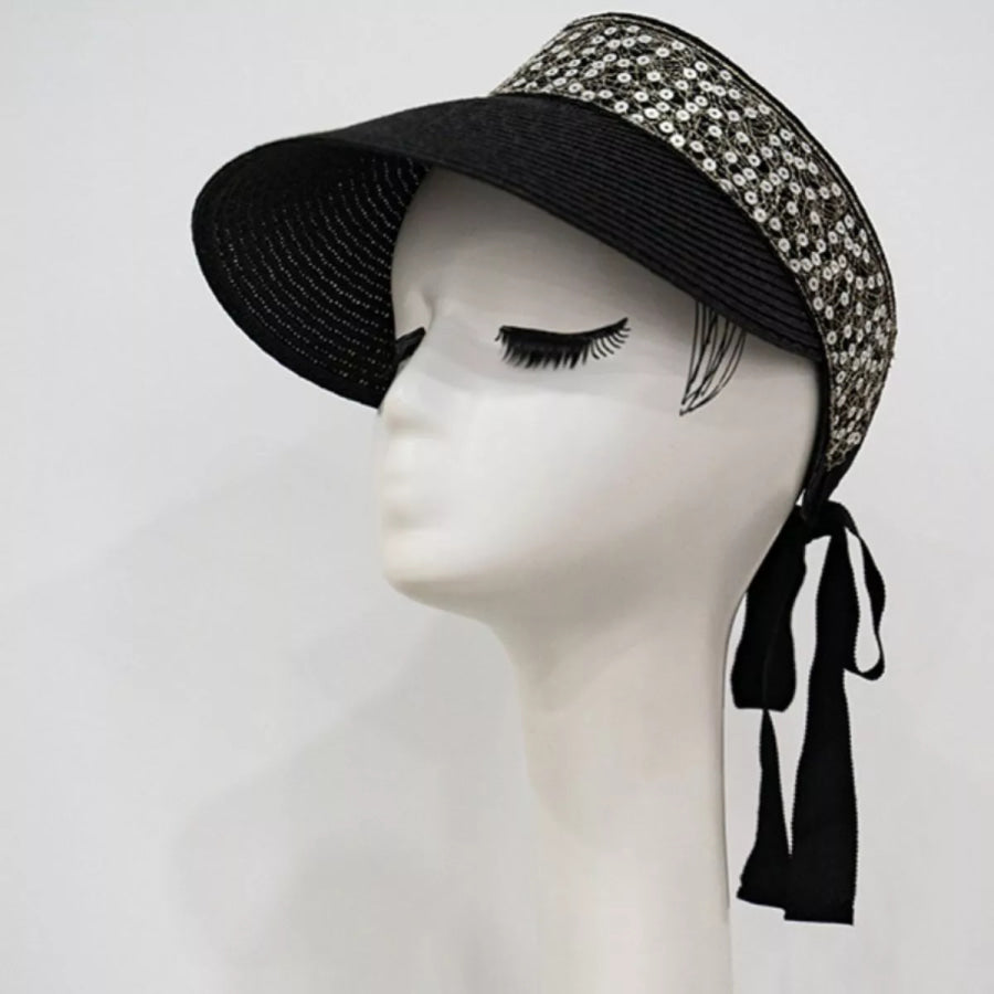 Sequined Visor Sun Hat with Ribbon Tie Black / One Size Apparel and Accessories