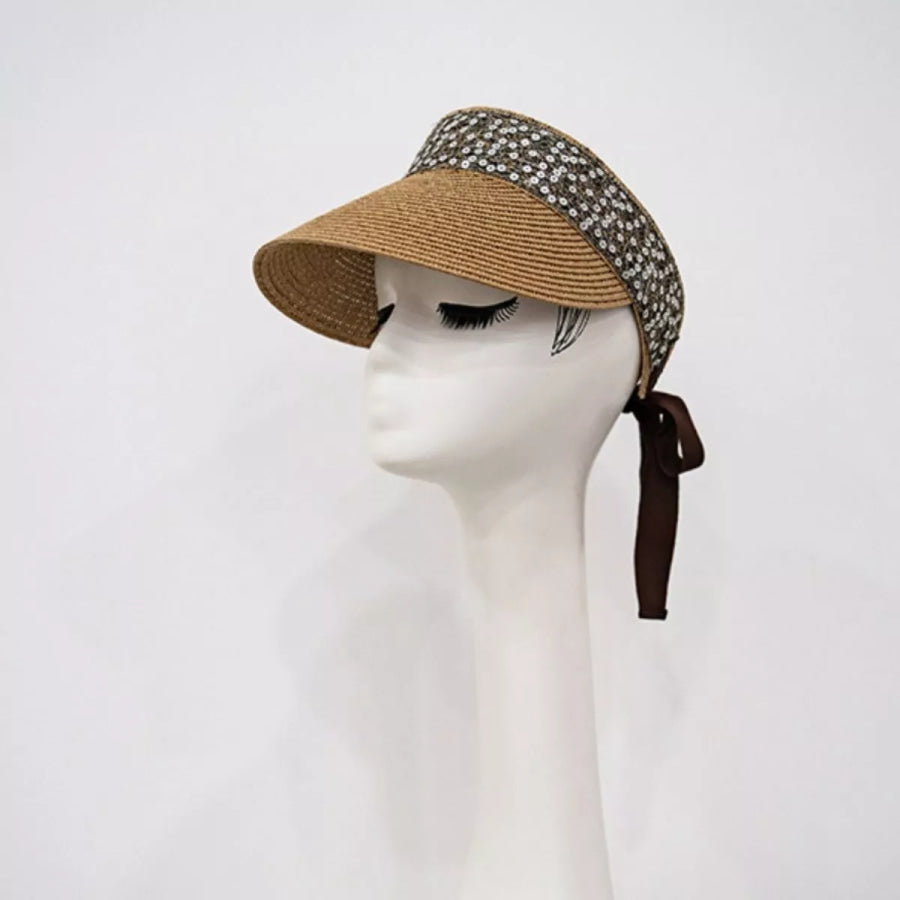 Sequined Visor Sun Hat with Ribbon Tie Khaki / One Size Apparel and Accessories
