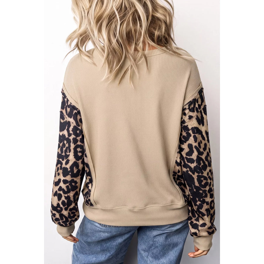 Sequined Western Horse Graphic Leopard Sleeve Patchwork Waffle Knit Top Apparel and Accessories