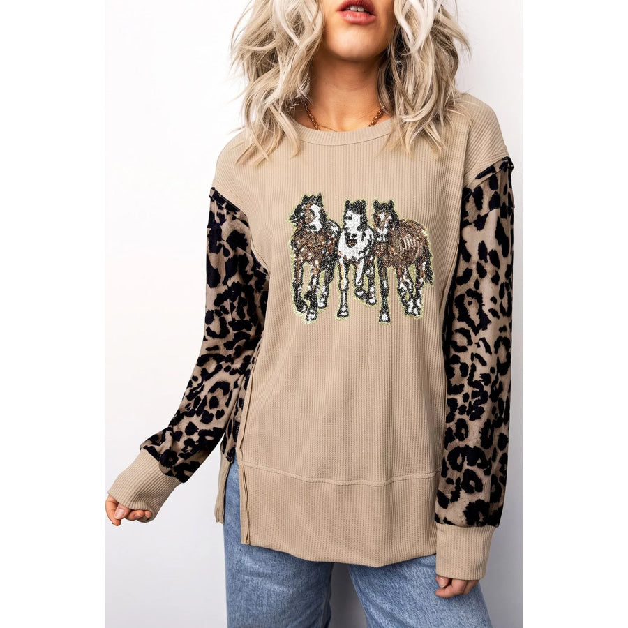 Sequined Western Horse Graphic Leopard Sleeve Patchwork Waffle Knit Top Khaki / S Apparel and Accessories