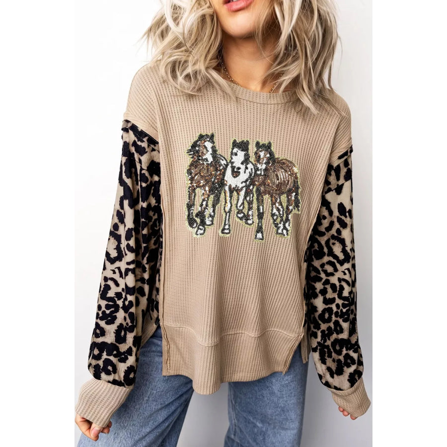 Sequined Western Horse Graphic Leopard Sleeve Patchwork Waffle Knit Top Khaki / S Apparel and Accessories