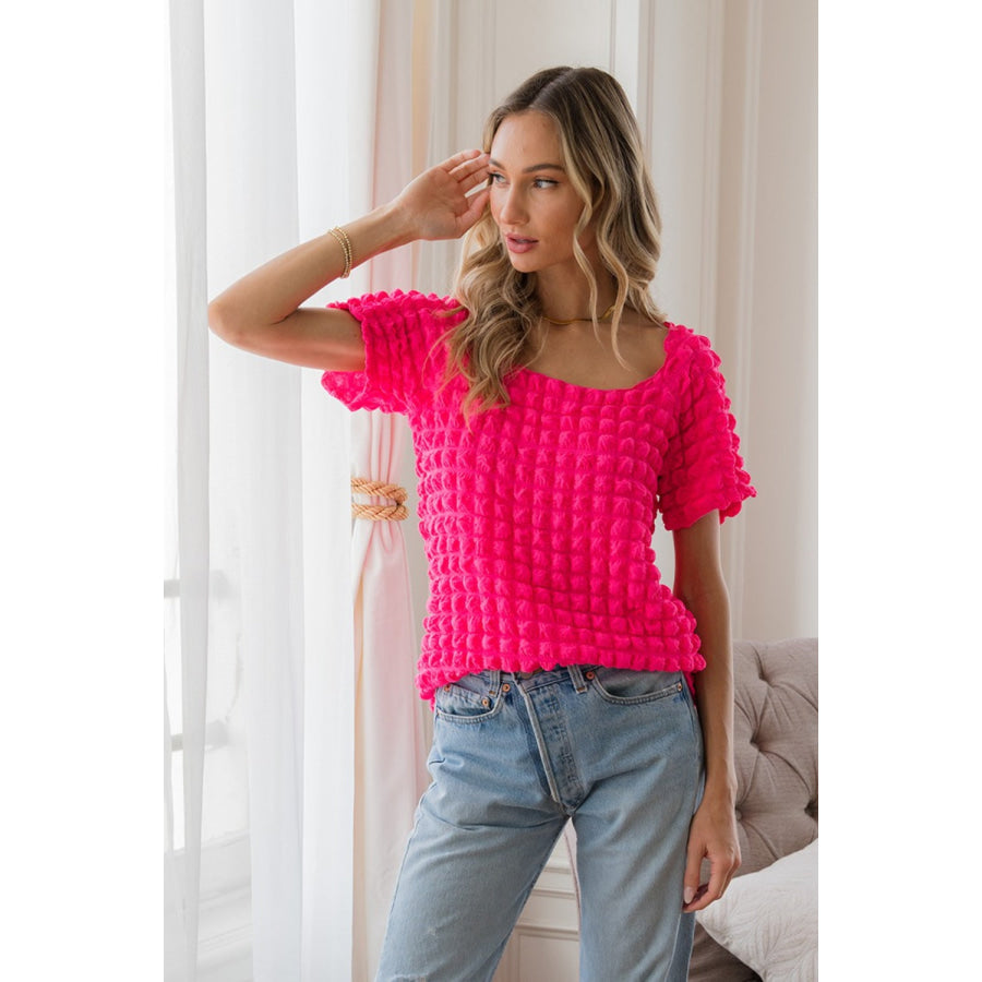 Sew In Love Bubble Textured Round Neck Short Sleeve T - Shirt HOTPINK / S Apparel and Accessories