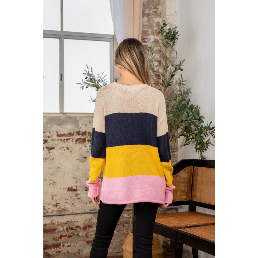 Sew In Love Full Size Color Block Exposed Seam Sweater Navy Blush / S Apparel and Accessories