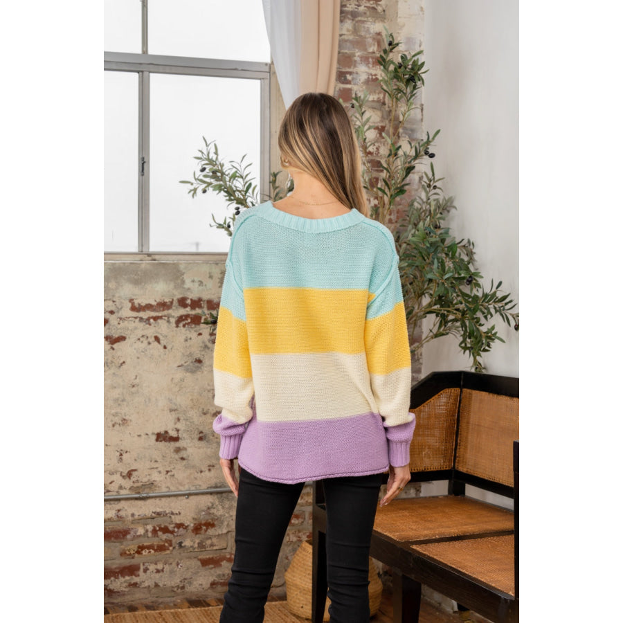 Sew In Love Full Size Color Block Exposed Seam Sweater Yellow Lilac / S Apparel and Accessories