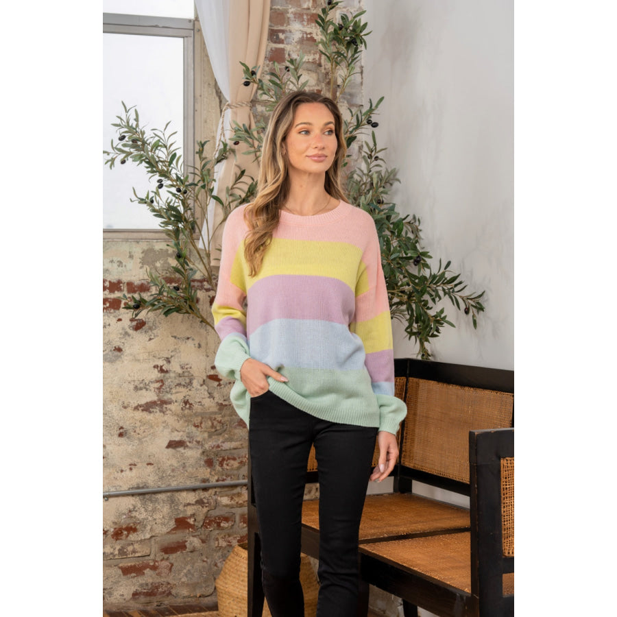 Sew In Love Full Size Color Block Round Neck Dropped Shoulder Sweater Apparel and Accessories